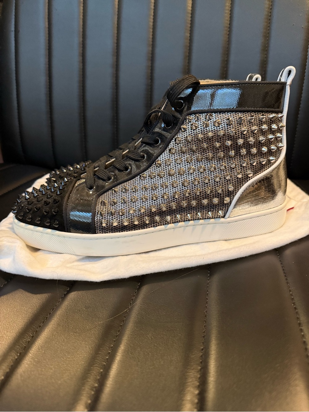 Christian Louboutin Black and Silver Studded High-Top Sneaker